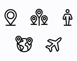 Simple Line Art Illustration of Travel and Navigation Icons Depicting Location, Destination and Direction, Plus Air Travel and a Person Symbol