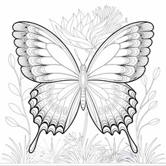 Elegant vector illustration of a detailed butterfly perched on blooming flowers silhouette