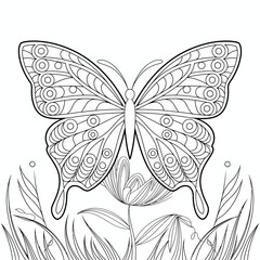 Intricate vector illustration of a detailed butterfly with ornamental wings perched on a flower silhouette