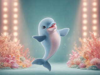 Cute 3D Dolphin Floating Underwater with Colorful Coral and Soft Lighting
