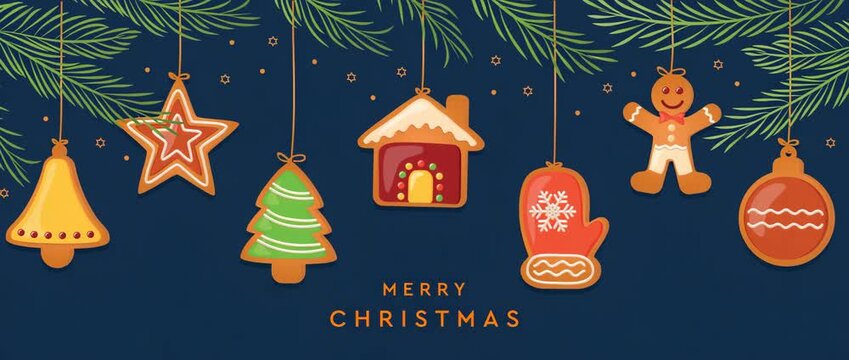 christmas greetings with hanging gingerbread cookies decoration illustrated animation
