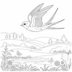 Artistic vector illustration of a swallow bird in flight over a picturesque rural landscape silhouette