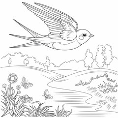 Vector illustration of a graceful swallow in flight over a picturesque landscape silhouette