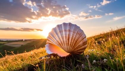 Seashell in Grassy Field at Sunset with Glowing Light
