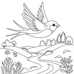 Vector style illustration of a graceful swallow in flight over a scenic landscape silhouette