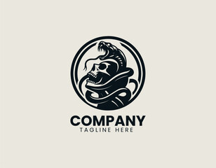 Fototapeta premium Snake Wrapped Around Skull vector logo illustration