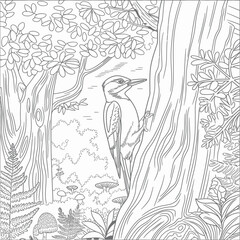 Woodpecker bird illustration vector art scalable nature scene woodland forest outline art silhouette