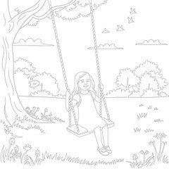 Vector illustration of a happy young girl swinging in a beautiful outdoor nature scene silhouette