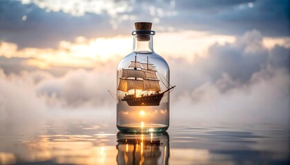Ship in a Bottle at Sunset with Beautiful Sky Reflection