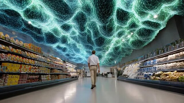 Shopper's Journey: A solitary shopper navigates a futuristic grocery aisle beneath a mesmerizing digital display, where a vibrant lightscape shimmers and shifts.