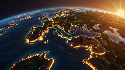 Ultra-realistic stylized image of famous world monuments around a glowing light