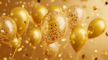Golden Balloons and Confetti Floating in Air for Celebration Party
