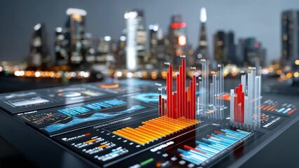 Data Analysis in Metropolis: A futuristic, sleek digital interface displays complex data visualizations in a vibrant city setting. - Powered by Adobe