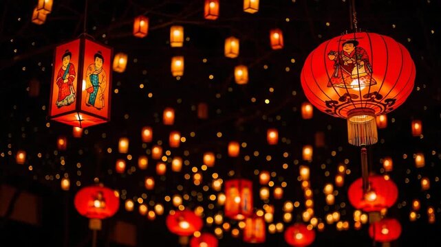 Vibrant red chinese lanterns glowing brightly in the dark during a festive celebration
