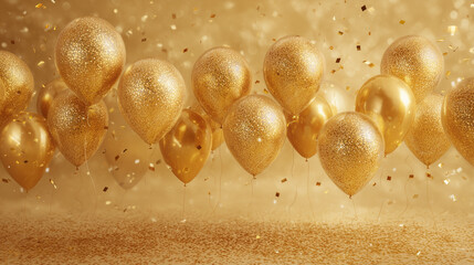 Golden Balloons with Sparkling Confetti on Shiny Background
