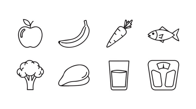 Healthy eating icons collection apple banana carrot fish broccoli chicken water scale simple doodle style vector