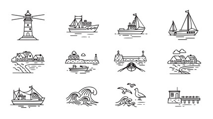 Collection of maritime icons including lighthouse ships and boats for nautical themed design projects vector