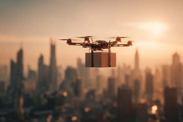 Delivery Drone Flying Over Modern City at Sunset with Package
