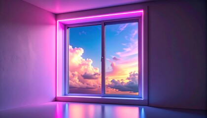 Sky View Through Window with Pink Interior and Colorful Sunset