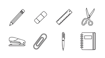 Collection of essential school supplies and office stationery items in sketch style vector