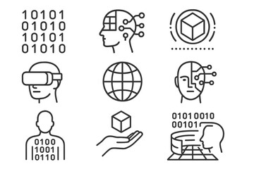 Artificial Intelligence and Digital Technology Icons – Binary Code, Neural Network, Virtual Reality, Data Cube