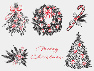 Hand drawn Christmas tree decorations, wreath, winter bouquet, candy cane. Vector sketch illustration in vintage crayon charcoal style. Merry Christmas greeting card