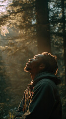 Young Man Looking Up Toward Sunlight in Peaceful Forest Scene

