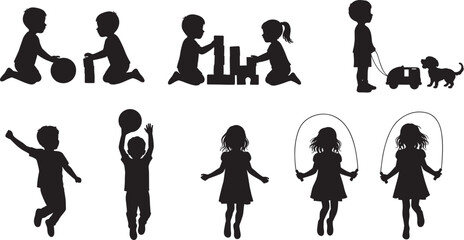 Children, silhouette, play, activity, ball, dog, jump, rope, walk, fun, outdoor, indoor, black, figure, motion, group, cartoon, vector, isolated, childhood, recreation, movement