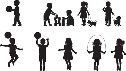 Children, silhouette, play, activity, ball, dog, jump, rope, walk, fun, outdoor, indoor, black, figure, motion, group, cartoon, vector, isolated, childhood, recreation, movement