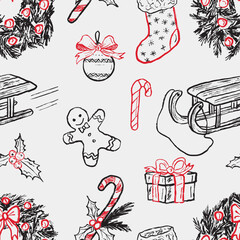 Hand drawn winter Christmas seamless pattern with sled, gingerbread cookie, christmas tree wreath, gift box, stiped candy cane, stocking. Vector sketch illustration in vintage crayon charcoal style