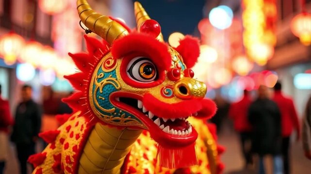 Colorful dragon dance brings energy to a lively city street filled with lanterns and festive lights at night. chinese new year