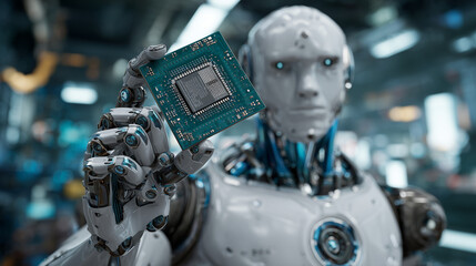 Humanoid Robot Holding Microchip in Futuristic Laboratory
