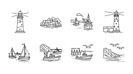 Collection of eight nautical themed sketch style drawings for coastal and maritime projects vector