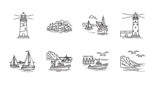 Collection of eight nautical themed sketch style drawings for coastal and maritime projects vector