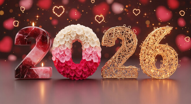 Festive 2026 numbers decorated with flowers and lights for a romantic celebration. 2026 festival multicolor 3d text. 2026 happy new year vibe. 