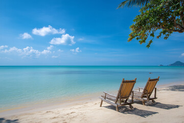 Wooden Beach Chairs Facing a Calm Tropical Sea Under a Clear Blue Sky
