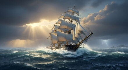 Fototapeta premium Large sailing ship battling storm on vast ocean. Historic vessel navigating rough seas with dramatic sky. Nautical adventure and challenging journey concept.