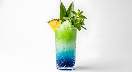 Tropical bliss awaits with this vibrant blue and green cocktail, garnished with pineapple and mint for a refreshing summer vibe