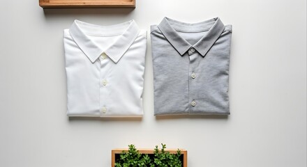 Elegant Shirts: Two folded shirts, a pristine white and a classic gray, rest on a clean surface, creating a minimalist design, evoking a sense of understated elegance.