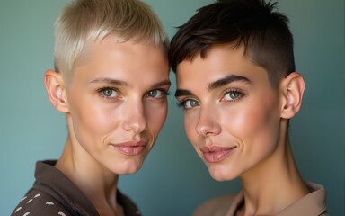Portraits of two women with buzz cut hairstyle posing and looking at camera. High quality