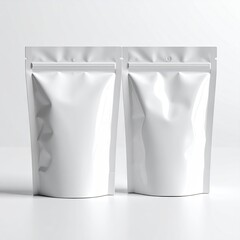 Two white stand-up pouches on a white surface, clean