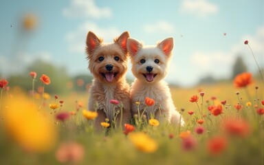 Two friends ly side by side in blooming meadow. High quality