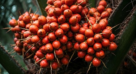 Palm Fruit Cluster: A vibrant cluster of ripe palm fruit, bursting with natural color and freshness, hangs gracefully from the palm tree, showcasing the beauty of nature's bounty.