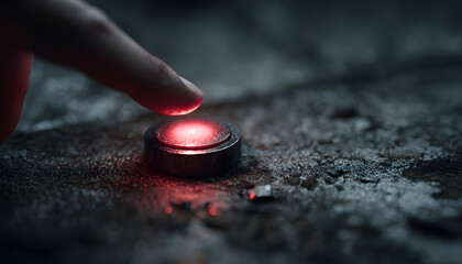 Fingertip presses bright red circular button on rough dark surface. Dramatic lighting creates shadow, highlighting shiny button face. Suggests decision, action, or emergency start.
