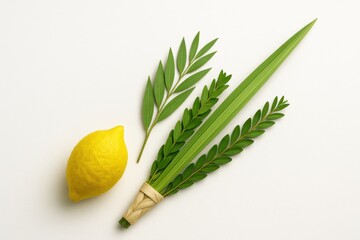 Close up photo of Etrog fruit with lulav, hadas and aravah