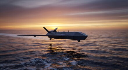 Futuristic naval drone flying above an open ocean at sunset. Unmanned surface vessel on a reconnaissance mission. Advanced sea warfare technology.