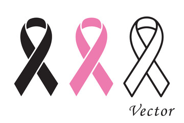 Breast cancer awareness ribbon, Pink ribbon vector icon, cancer awareness icon set. Vector Illustration