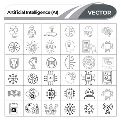 Artificial Intelligence (AI) Line Art Icon – Machine Learning, Neural Network, Technology Concept