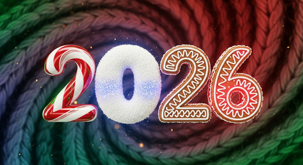 Festive 2026 numbers decorated with candy cane and gingerbread against a swirling colorful background. 2026 festival multicolor 3d text. 2026 happy new year vibe. 