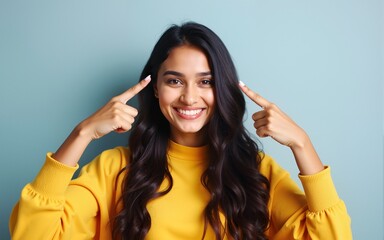 Happy smiling young south asian Indian woman pointing up 2 fingers, showing V for victory, number two, second place or 2 points gesture,. High quality